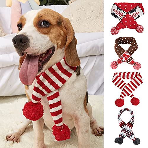 Dog Christmas Scarf Pet Puppy Xmas Knitted Costume Winter Warm Bandanas Neckerchief Cat Neck Warmer Apparel for Holiday Festive (Large, Red White Stripes)