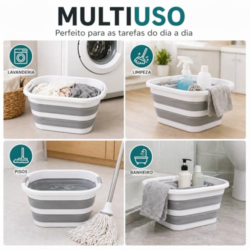 Balde Retratil Silicone 26L Dobrável com Alca Multiuso para Limpeza Lavanderia Armazenamento Compacto Resistente Branco Cinza