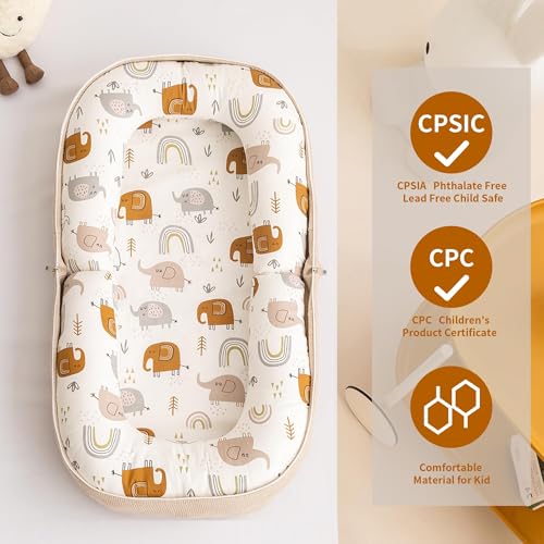 CENXI Baby Lounger, Foldable Infant Nest Pillow with Soft Memory Foam Mat, Cover with Adorable Pattern, Converts to Backpack for Easy Travel, Suit for 0-12 Months Infant (Elephant)