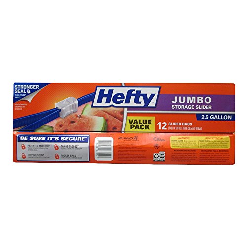 Hefty Slider Jumbo Storage Bags, 2.5 Gallon Size, 12 Count (Pack Of 9