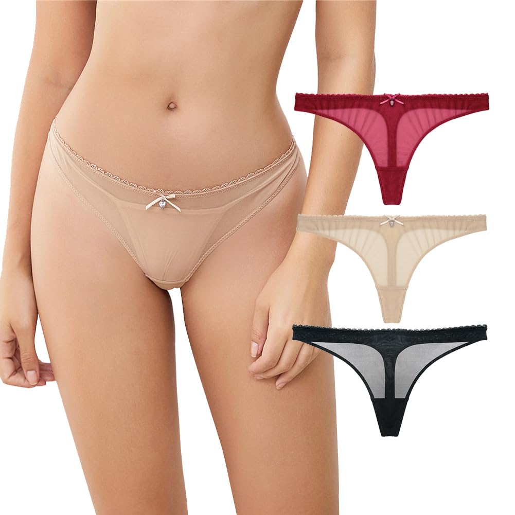 Photo 1 of Varsbaby Women's Sexy Sheer Panties Thongs Mesh G-Strings Low Rise Brief Underwear, 3-Pack(N082TS-Black and Beige and Red-XL