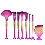 8pcs Mermaid Makeup Brush Set + Makeup Sponge Puff Professional Kabuki Cosmetic Foundation Blending Eyeliner Face Powder Contour Cream Make up Fish Tail Brush Kit BESTLAND (8PCS+1)