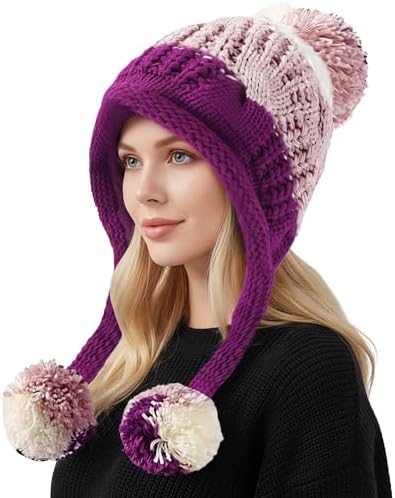 Women pink Winter Sherpa Beanie Hats Knit Ear Flaps Peruvian Cover Ears Wancir Women Winter Peruvian Cover Ears Beanie Hat Ear Flaps  main image 4