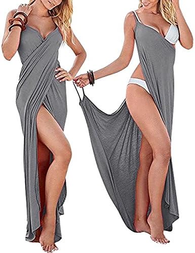 shushuKISS Women's Spaghetti Strap Backless Bikini Long Wrap Cover Up Beach Dress Gray Large