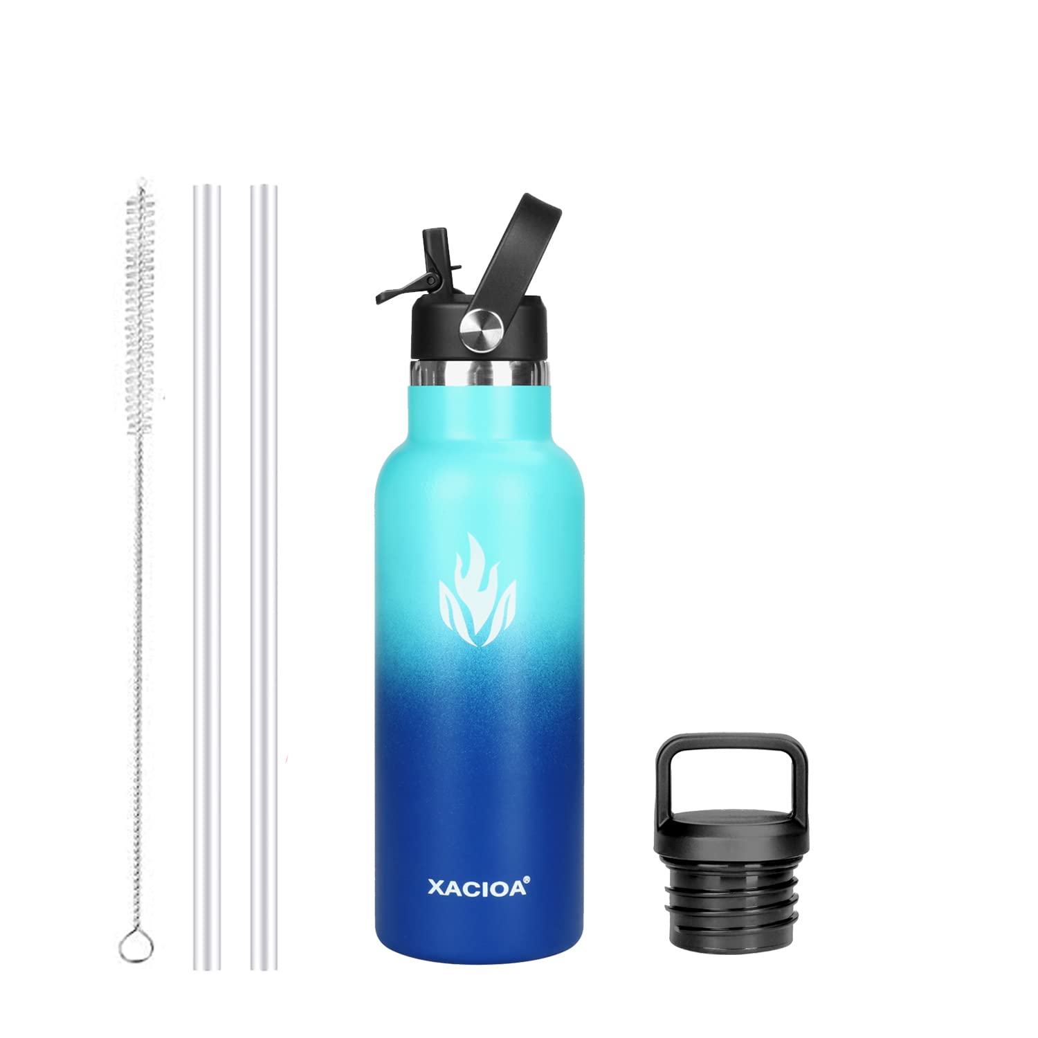 XACIOA Water Bottle Stainless Steel with Straw -for Hot/Cold Drinks 500/750/1000ml Vacuum Insulated Flask Leak Proof Drink Sport,BPA Free - with 2 Replacement Lid and Straw Brush