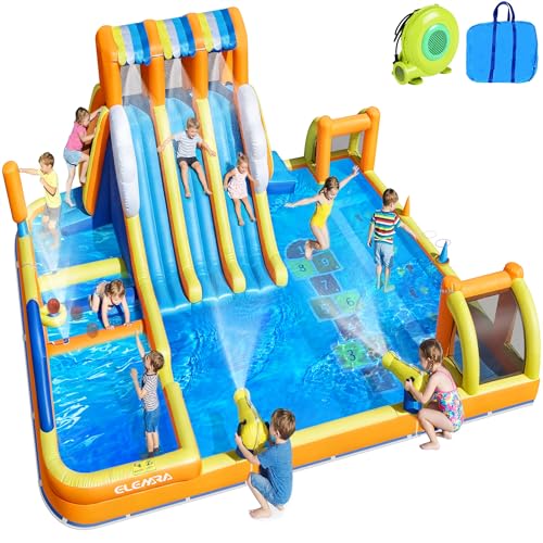 ELEMARA 12-in-1 Inflatable Water Slide Park for Big Kids, 20.07x15.91FT Bouncer with 3 Long Slides, Climbing Wall, Digital Springboard & Splash Pool, Includes 950W Air Blower