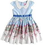 Sharequeen Hometown White Cloud Printing Cap Sleeve Cotton Girls Dress Light Blue Color Flower Neck