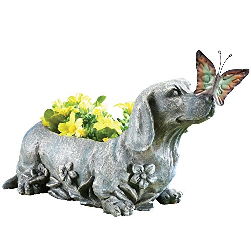 Dachshund With Butterfly Stone-Look Sculpted Garden Planter, Grey