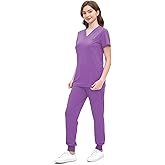 Jogging Scrubs Set for Women,Soft and Stretchy Nurse Uniform V-Neck Top and Yoga Jogger Pants with Multi Pocket