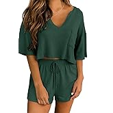 Ezbelle Women's V Neck Waffle Knit Pajamas Set Short Sleeve Crop Tops with Shorts 2 Piece Outfit Lounge Set