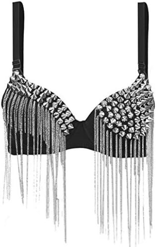 OVERMAL Women Party All-over Spike Rivet Tassels Metallic Punk Dance Bra (Small)