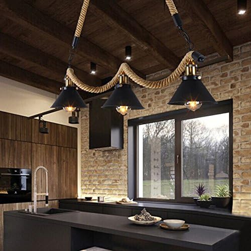 JINGUO Lighting Industrial Edison 3 Lights Pendant Light Ceiling Light Hanging Lamp Cone Burlap Island Light Chandelier in Vintage Style Black