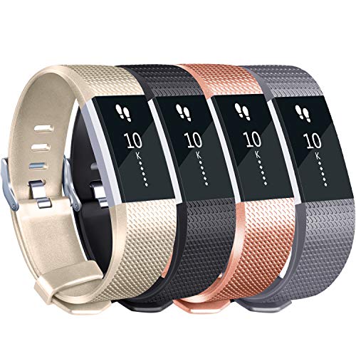 Tobfit Sport Silicone Bands Compatible for Fitbit Charge 2 Classic & Special Edition, 4 Pack, Black/Champagne/Rose Gold/Grey, Small