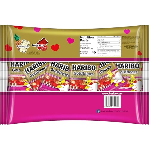HARIBO GUMMI CANDY | VALENTINE’S DAY LIMITED EDITION | RED & WHITE GOLDBEARS | RASPBERRY & PINEAPPLE, 0.4 OZ. (PACK OF 40)