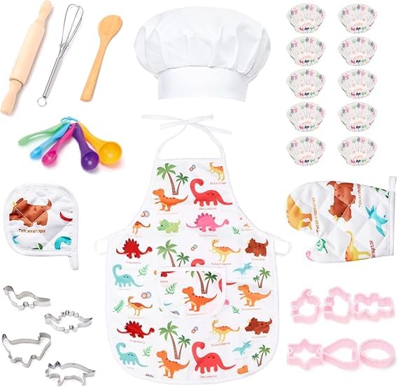 EOGRFW 22Pcs Kids Chef Role Play Costume Set,Toddler Cooking Apron Set,Apron&Chef Hat for Dress Up Chef Costume Play for Kids (Dinosaur)