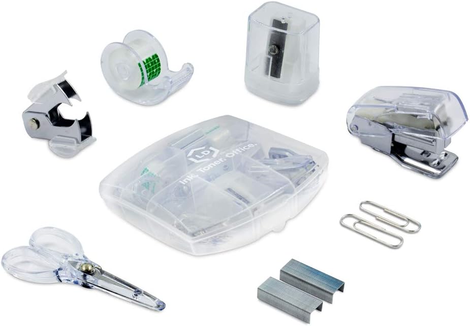 LD Clear Mini Office Supply Kit – Portable Case with Scissors, Paper Clips, Tape Dispenser, Pencil Sharpener, Stapler & Staple Remover