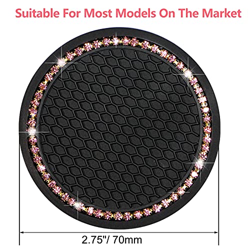 Bronkige 2PCS Bling Car Cup Coaster, Rhinestone Anti Slip Silicone Car Insert Coaster, 2.75 Inch Universal Vehicle Bling Cup Holder Insert Coaster Suitable for Most Cars (Pink)