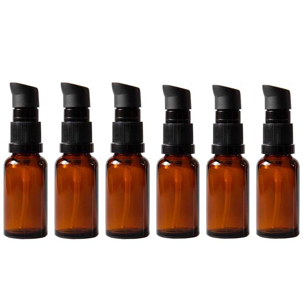 VANTOBEST 6PCS 20ml/0.67oz Amber Glass Lotion Bottles Empty Travel Size Cosmetic Makeup Essential Oil Essence Pump Dispenser Storage Container Jars