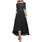 ALEESHUO Tea Length Chiffon Mother of The Bride Dresses with Half Sleeve Lace Applique Formal Dress for Wedding FLP109
