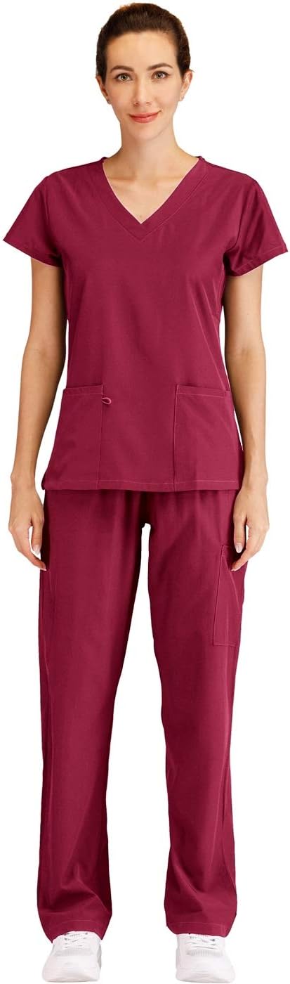 Women's V Neck Solid Stretch Medical Scrub Set Berry M