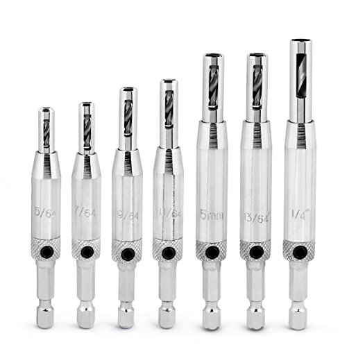 QWORK® 7 Pcs Self Centering Clic Change Wood Door Window Hinge Drill Bit Set, Cabinet Woodworking Hardware Pilot Hole Hinge Drill Bits 5/64", 7/64", 9/64", 11/65", 5mm, 13/64", 1/4"