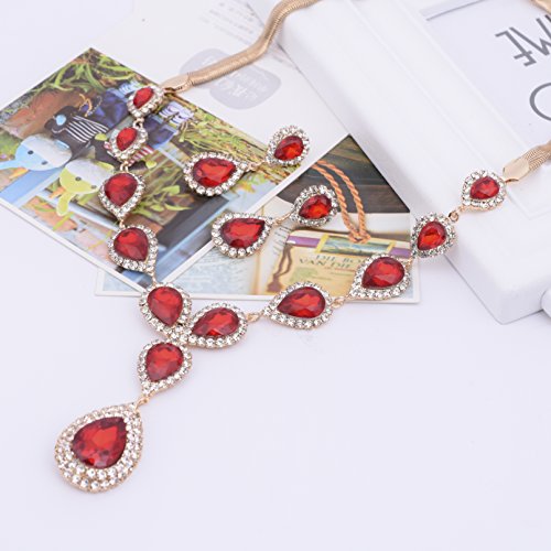 Paxuan Womens Gold Plated Teardrop Red Crystal Wedding Bridal Jewelry Set Teardrop Pendant Necklace Drop Dangle Earrings Set - Thumbnail 5