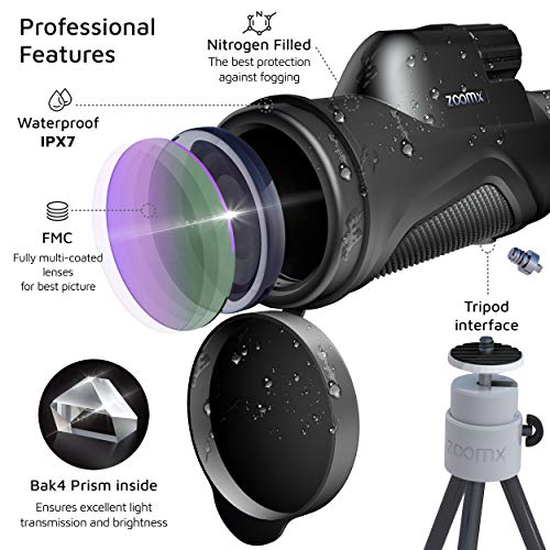 Stellax, ZoomX Monocular Compact Upgraded 2020 Waterproof/Fogproof - BAK4 Prism, FMC lenses covering with Tripod and smartphone adapter