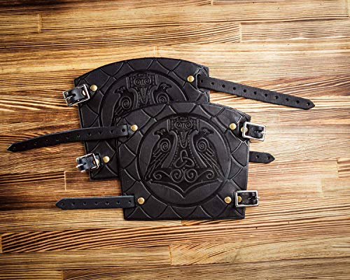 Halloween Viking Barbarian costume - Leather Cuff - Larp Gauntlet - Leather Wristbands - LARP Accessories Viking Bracers - Thor`s Hammer Ravens - Archery Armguard - Length 6"