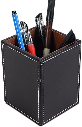 Home office multifunctional wood leather desk stationery organizer pen holder sundries storage box case container (brown（1D))