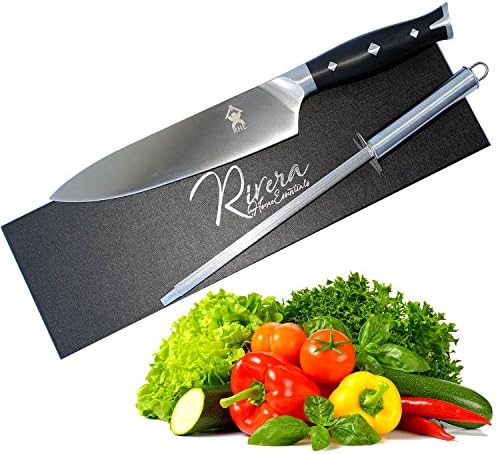 Chef Knife,Stainless steel Kitchen Knife Set with Knife sharpener-High Carbon Blade Rust-Free,8 Inch German Steel Ergonomic Handle,Professional knife Stain and Wear Resistant.By:Rivera Home Essentials