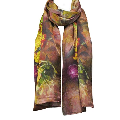 Wrapables Luxurious 100% Charmeuse Silk Floral Painting Long Scarf with Hand Rolled Edges, Peonies in Bloom