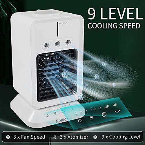 MORIOX Portable Air Conditioner Small Evaporative Cooler Personal Fan with Rechargeable Battery Desktop Portable AC Mini Humidifier Cooling Appliance for Home Room Kitchen Office