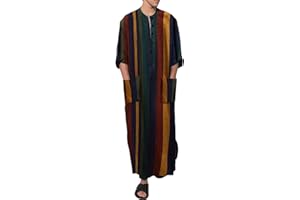 CHXLQQX Striped Nightshirt for Men Long Sleeves Button Down Henley Shirts with Pockets, Kaftan Thobe Splits Long Gown