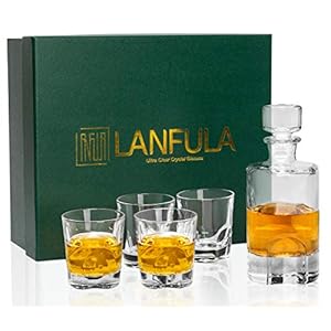 LANFULA Whisky Glazen en Karaf Set, 600 ml Whiskey Decanter met 4×230 Whisky Glas, Mooie Geschenkdoos, Set van 5 Stuks