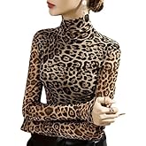 WDIRARA Women's Leopard Print See Through Mock Turtle Neck Long Sleeve T-Shirt Casual Slim Fit Top