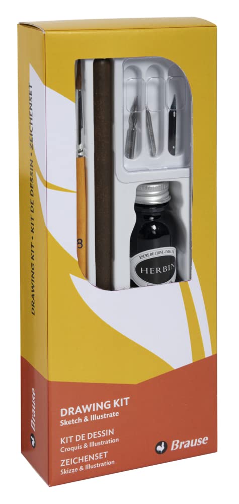 Brause 145B - A learning kit including 3 drawing nibs (66B, 511B and 513B), a wooden nib holder, a brush, a bottle of black Indian ink and instructions.