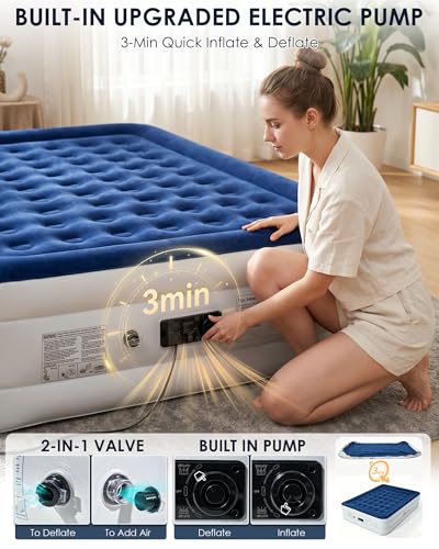 VENAKURAH Air Mattress 2 People 203 x 152 x 46 cm, Air Bed Self-Inflating in 3 Minutes, Inflatable Mattress with Integrated Electric Pump, Inflatable Guest Mattress for Home and Camping