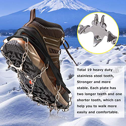 Vodche Crampons Ice Cleats Traction Snow Grips for Boots Shoes Anti-Slip 19 Spikes Stainless Steel Spikes Microspikes Safe Protect for Walking, Jogging, Climbing and Hiking (Black,M)