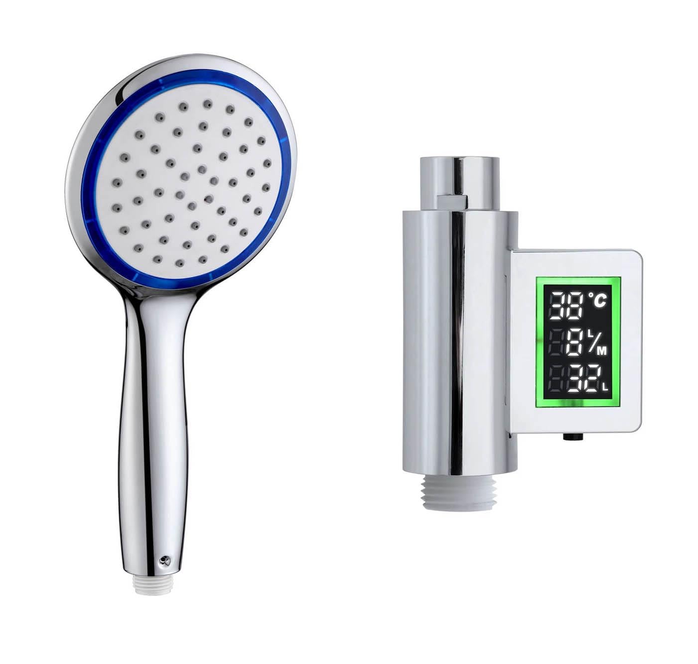 Shower Head with Self Powered Flow Meter, Water and Energy Saving Design (Single Function, Blue)