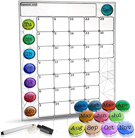 Monthly Magnetic Refrigerator Calendar - Dry Erase Whiteboard- Monthly Planner Set With Fridge Magnets of Months &amp; Days- Bonus Marker Included- Outstanding Design – Back 2 School Special