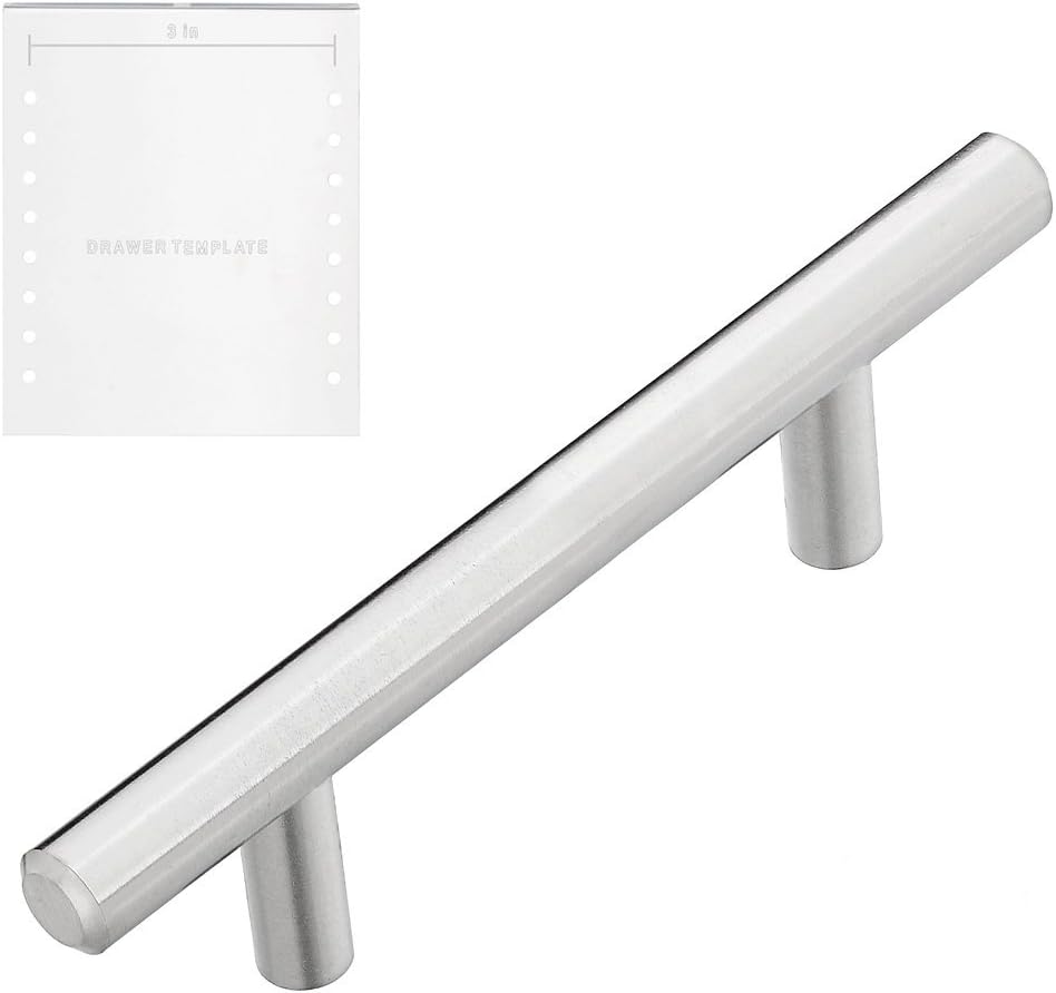 701-030SN Brushed Satin Nickel Cabinet Pulls Solid Modern Euro Style T Bar Kitchen Cabinet Handles- 3 inch Hole Centers, 5-1/4" Overall Length- 10 Pack