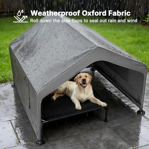 Veehoo Extra Large Dog House Outdoor with Elevated Dog Bed, Outside Dog Tent, Weatherproof Dog Shade Shelter and Raised Bed Combo for Pets or Stray Animals, Grey, 124L x 124W x 99H cm