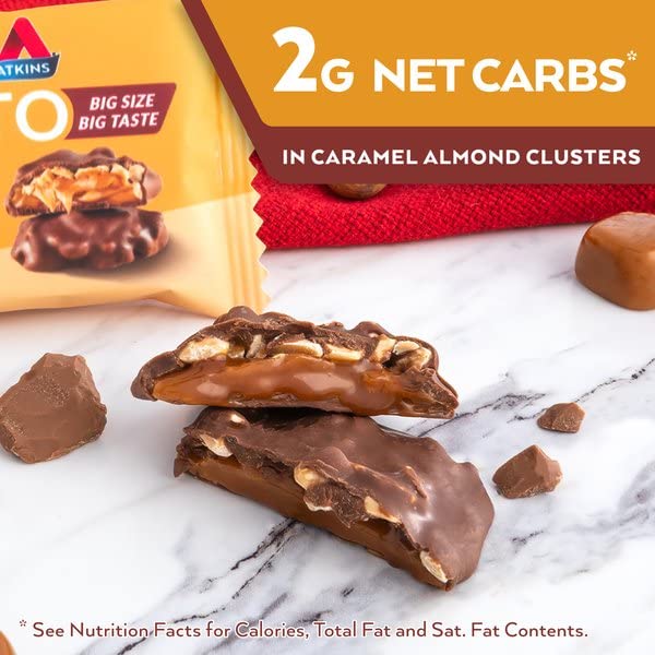 ATKINS CARAMEL ALMOND CLUSTERS, GLUTEN FREE, HIGH IN FIBER, 1G SUGAR, 2G NET CARB, KETO FRIENDLY, 20 COUNT