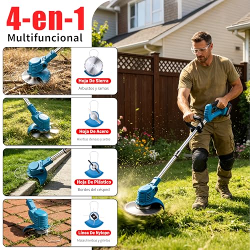 ACHIEVOOA Cortacésped Eléctrico Inalámbrico Telescópico 3 en 1, Desbordadora Portátil de 21V, Equipado con 2 Baterías de 3 Ah y 3 Tipos de Cuchillas de Corte, Ideal para Césped y Jardín (Azul)