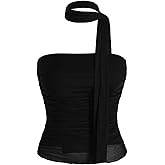 SweatyRocks Women's Ruched Sheer Mesh Strapless Tube Top Sleeveless Slim Fitted Bandeau Top with Scarf