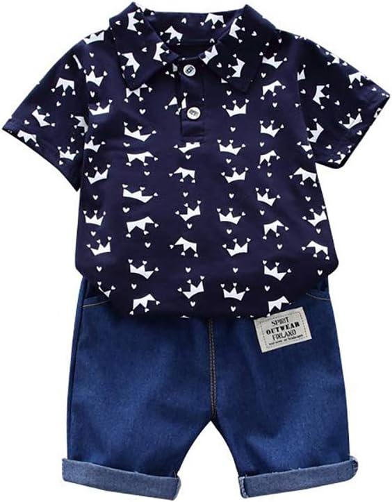 BOBORABaby Boy Kids Summer Clothes Set Cartoon Whale Short Sleeved Tops with Elastic Striped Short Pants 0-7Years Crowns - Blue