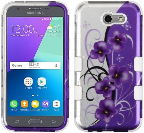 Galaxy J3 Emerge Case, Galaxy J3 Prime Case, Galaxy J3 (2017) Case, 2 items Bundle - 24K Gold Plating Sticker and Triple Layers Hybrid [Military-Grade Certified] Case Cover (Twilight Petunias)