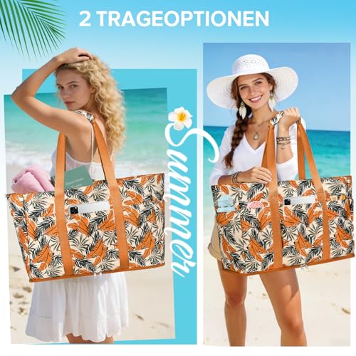 LUROON Large XXL Family Beach Bag with Zip, Waterproof, Women's Beach Bag, Foldable, Shopper, Beach Bag for Travel, Shopping, 50 x 35 x 20 cm, orange