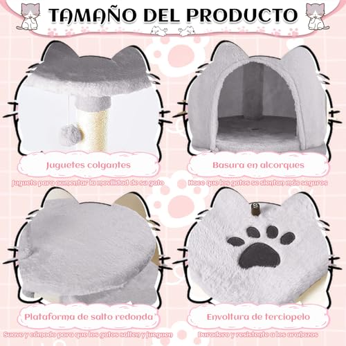 KongJies Torre para Gatos, Árbol para Gatos con Poste Rascador, 4 Niveles Castillo para Gato con 3 Plataforma Acolchada y Pompón, para Gatos Pequeños Medios (Gris Claro)