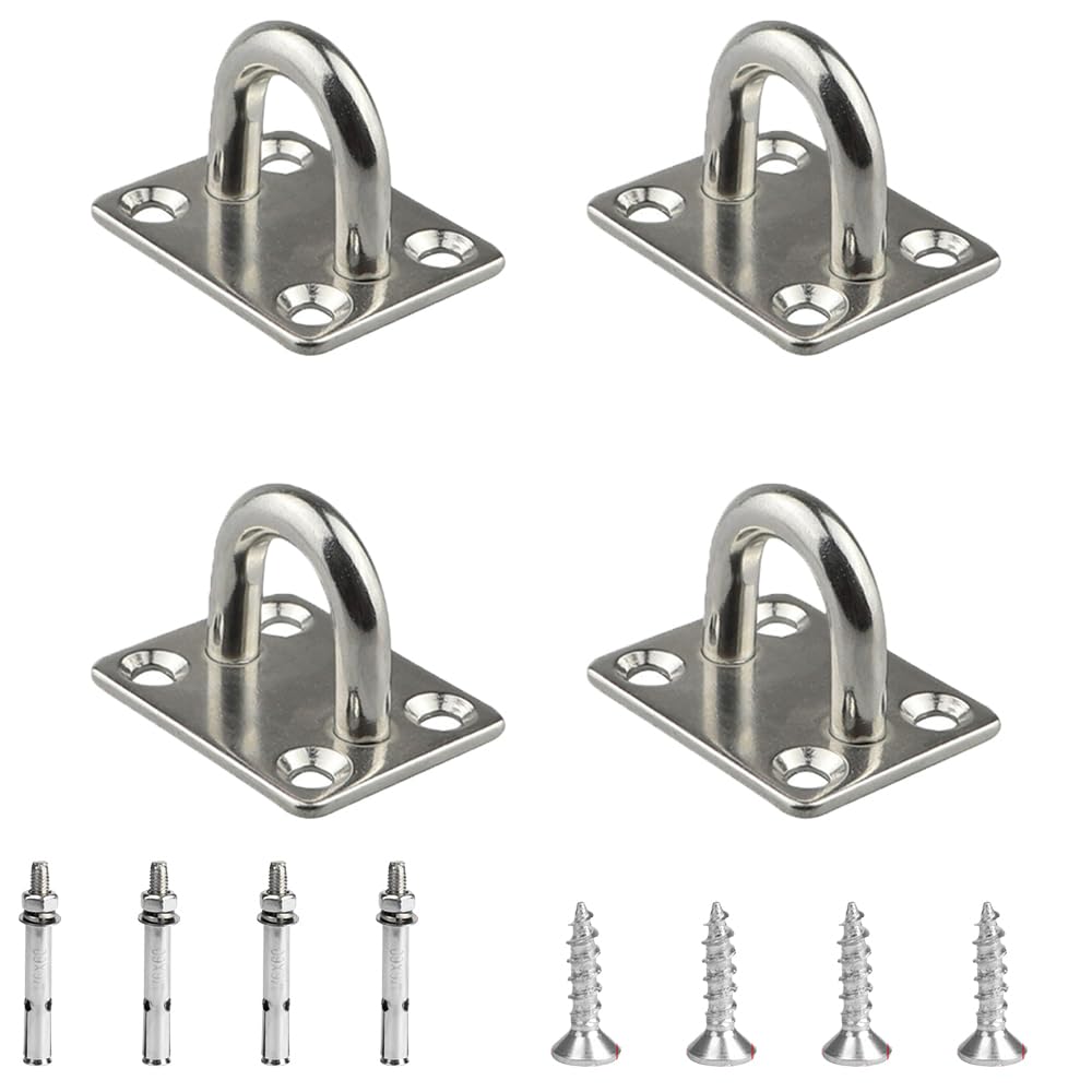 FENGLINGCHENGA 4PCS M6 Square Pad Eye Plate Stainless Steel Ceiling Hooks Metal Suspension U Hooks Shape Staple Ring Loop with Screws for Wall Ceiling Hanging 30 Screws and 4 Expansion Screws